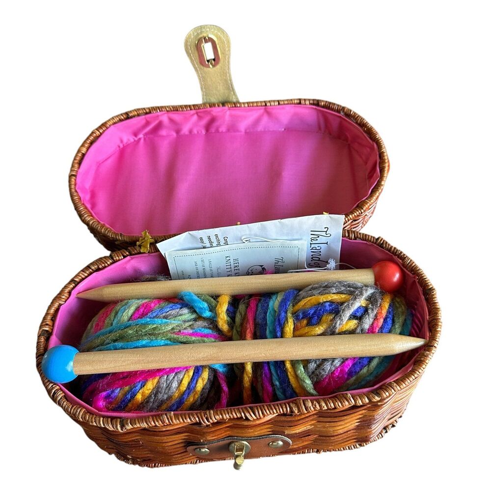The Land of Nod Here Knitty Knitty Knit Kit Basket Set w/ Yarn & Wooden Needles - Picture 3 of 6